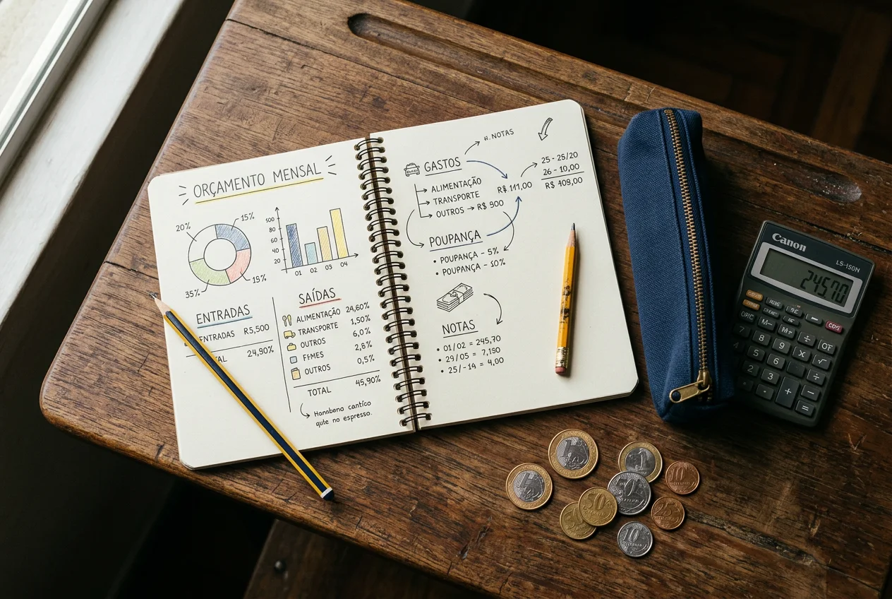 Caderno com gráfico de orçamento, moedas e calculadora