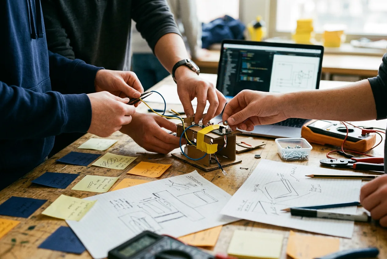 Mãos de estudantes montando um protótipo eletrônico sobre a mesa com anotações