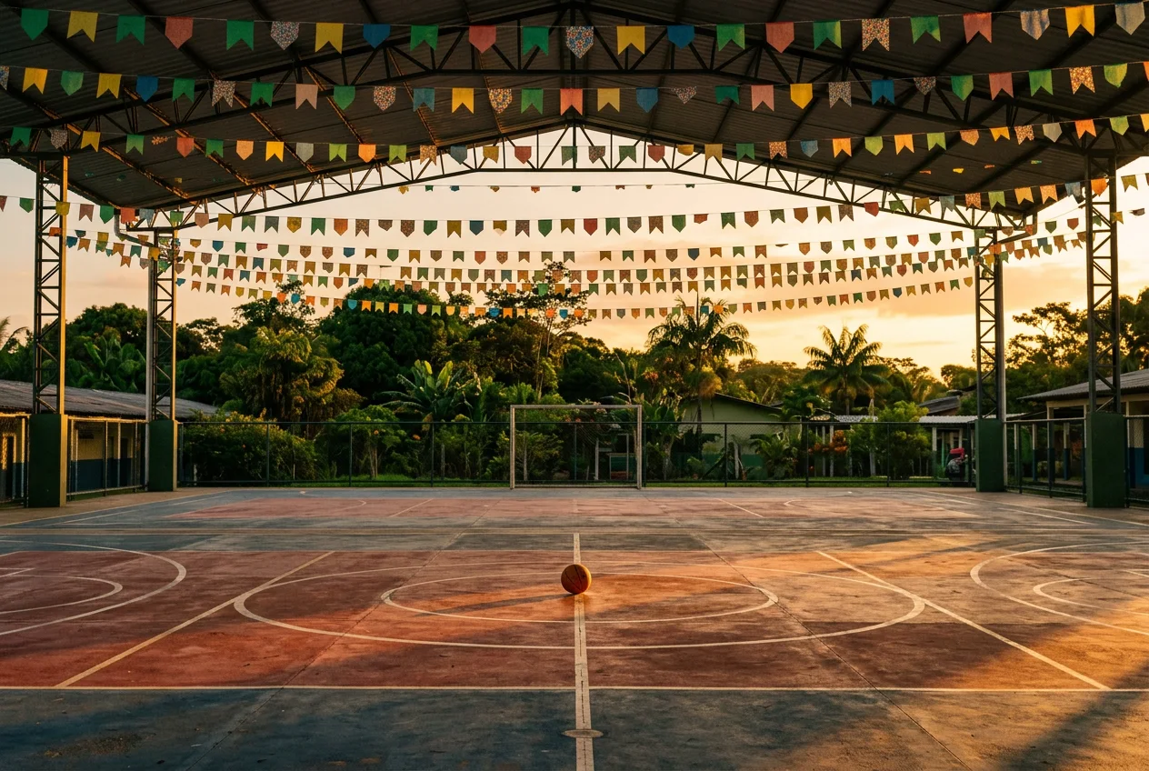 Quadra coberta com bandeirinhas de festa junina ao pôr do sol