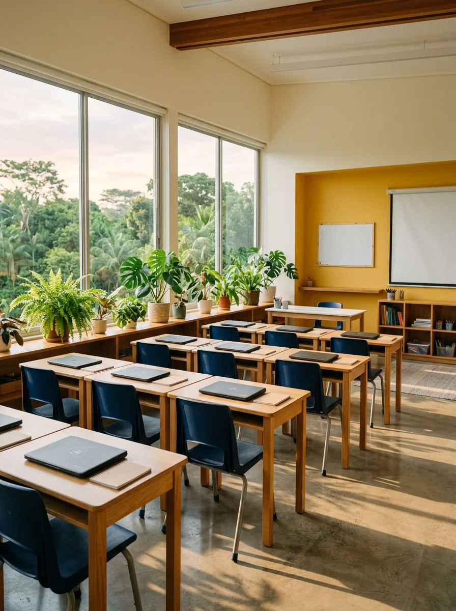 Sala de aula clara com mesas de madeira, cadeiras azuis e Chromebooks