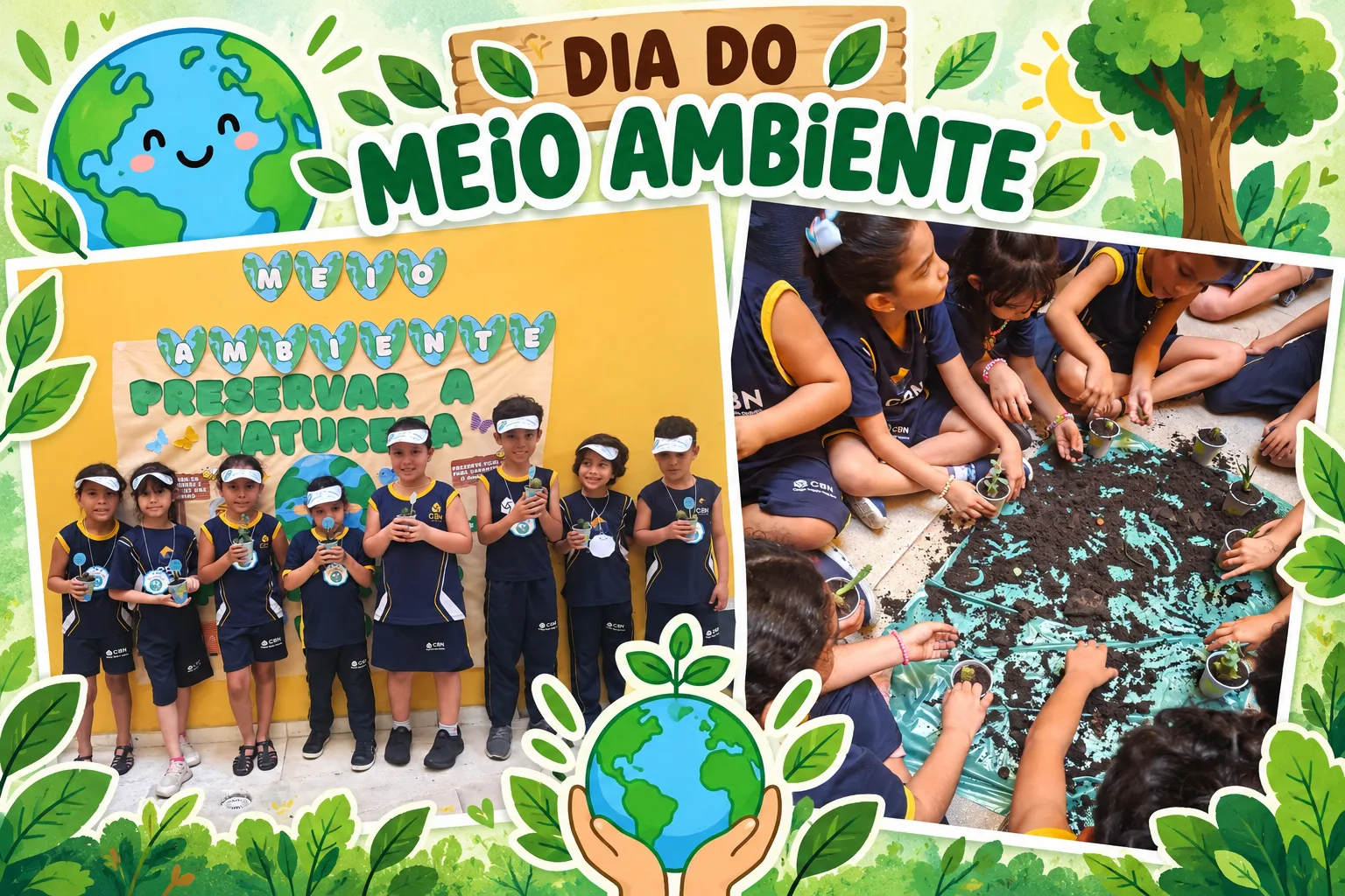 Atividade do Dia do Meio Ambiente com o 2º ano do Ensino Fundamental, com plantio coletivo de uma muda de cacto e reflexão sobre o cuidado com a natureza.
